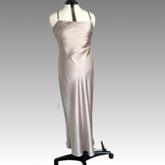 ZARA Beaded Strap Satin Effect Slip Dress Champagne Formal Glam Prom Party L - Picture 4 of 11